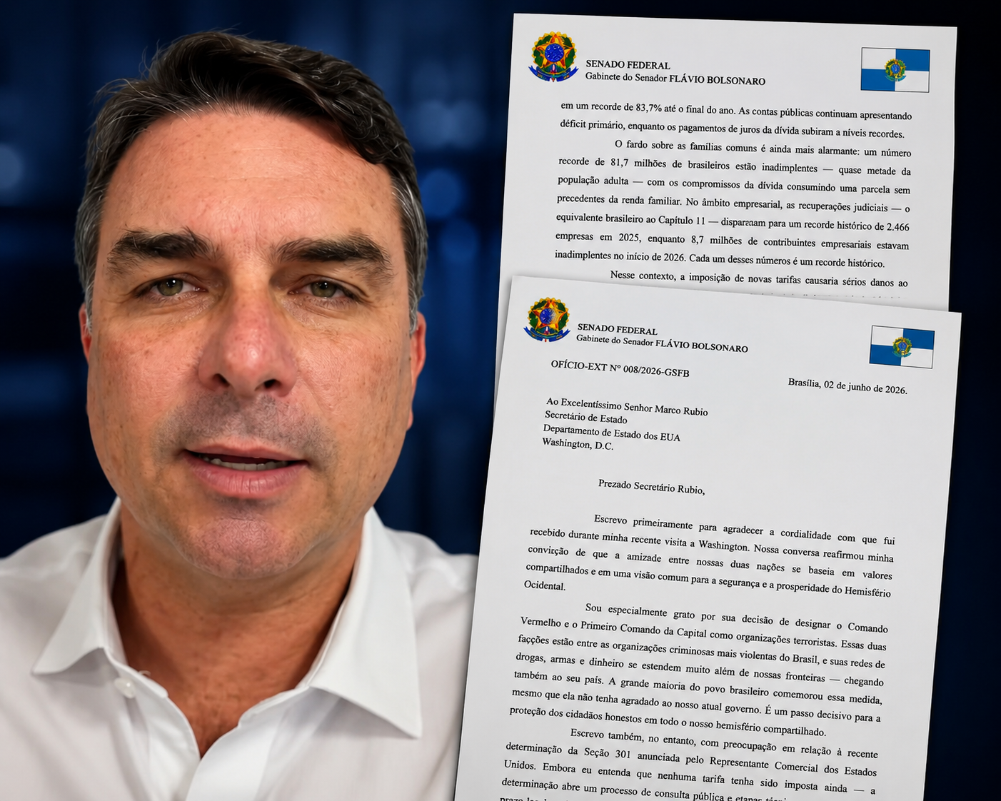 FLÁVIO BOLSONARO DIVULGA CARTA A MARCO RUBIO CONTRA TARIFAS DOS EUA AO BRASIL